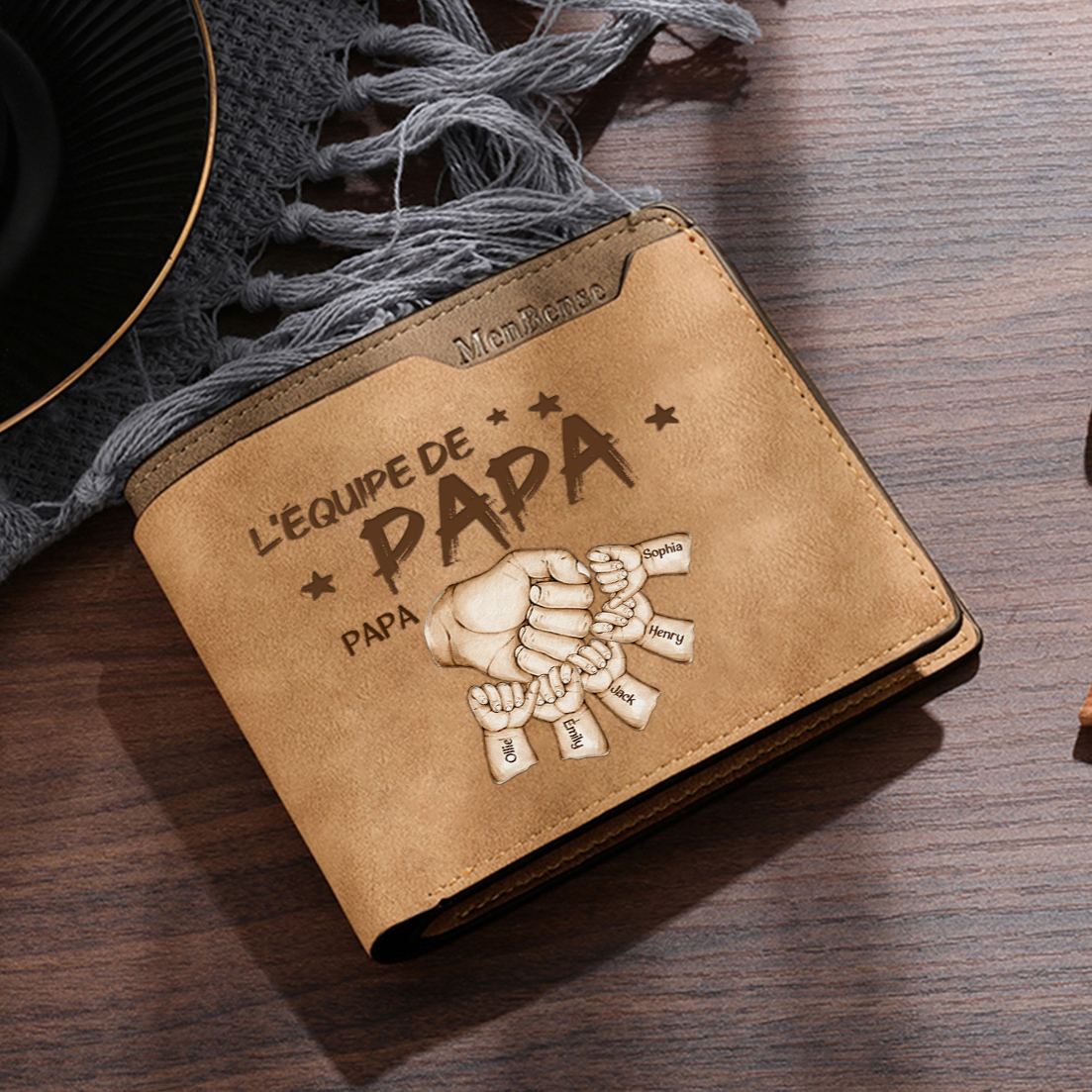 À mon Papa-Portefeuille avec Gravure Poings Personnalisés 6 Prénoms | Jessemade