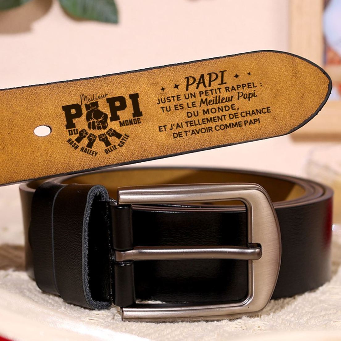 À mon Papi - Ceinture Personnalisée Cuir 1-4 Prénoms et Poings | Cadeau Fête des Grands-Pères | Jessemade
