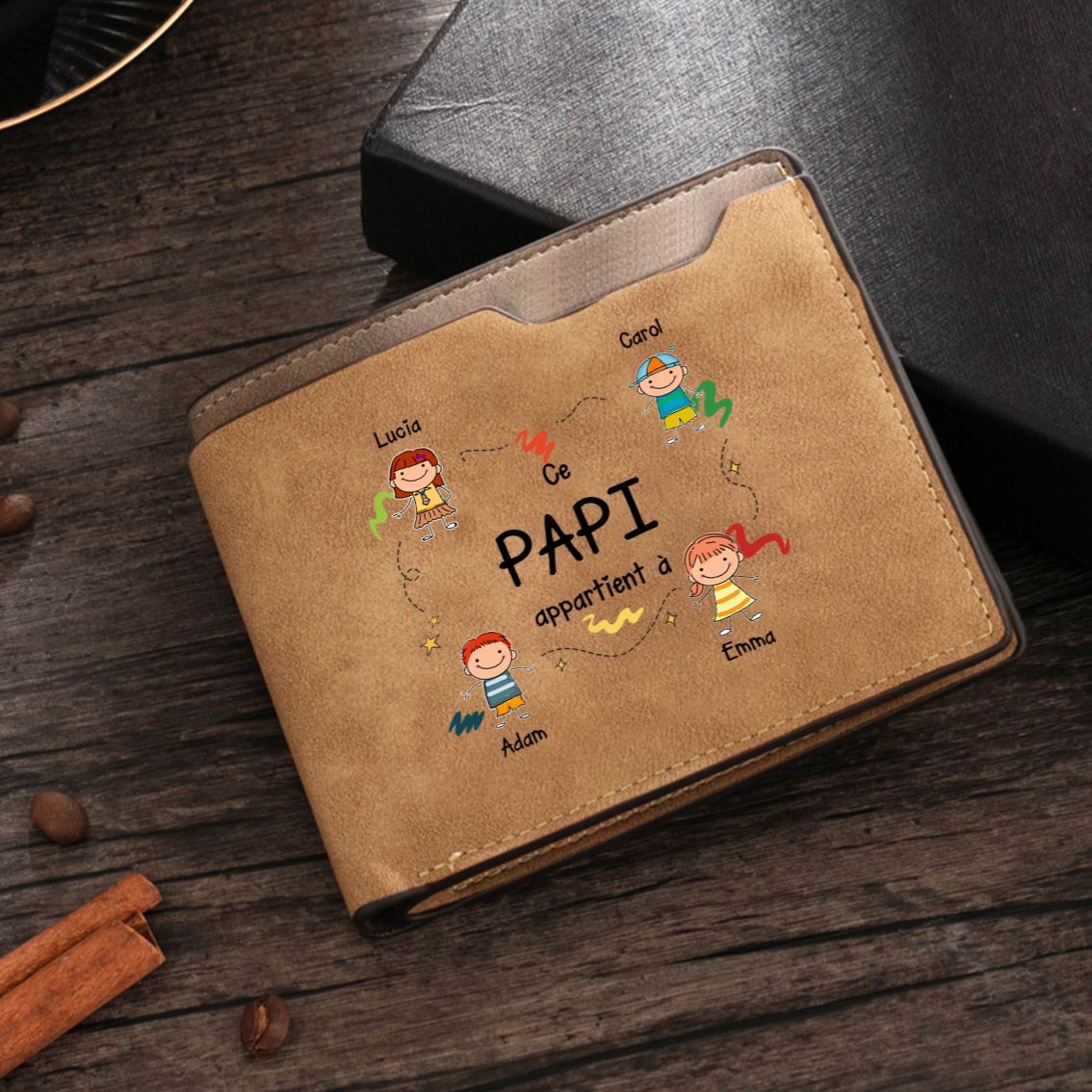 Portefeuille Cuir avec Prénoms et Dessins, Portefeuille pour Papy ou Papa