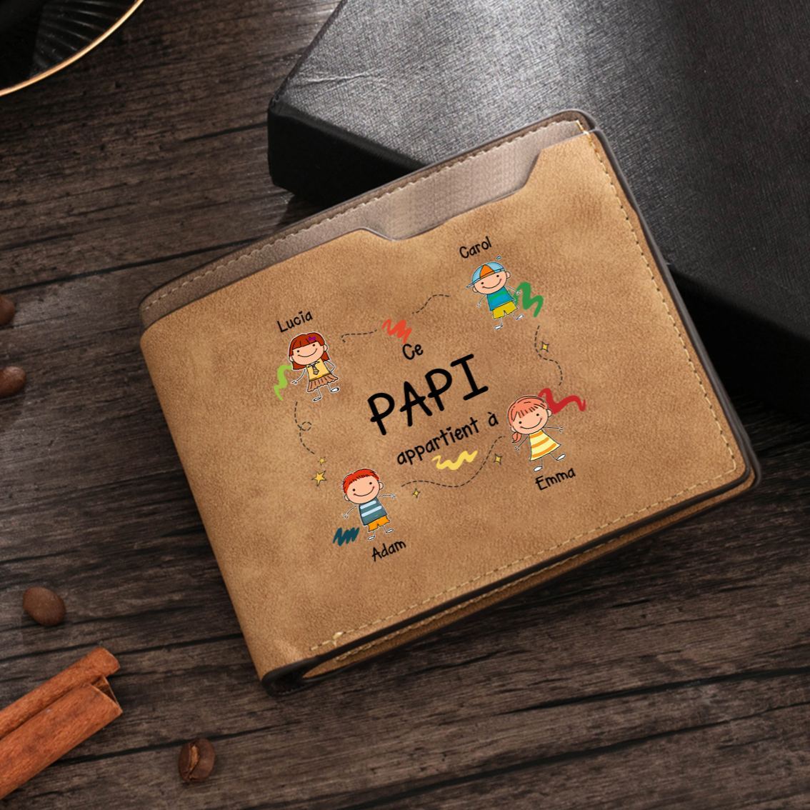 Portefeuille Cuir avec Prénoms et Dessins, Portefeuille pour Papy ou Papa