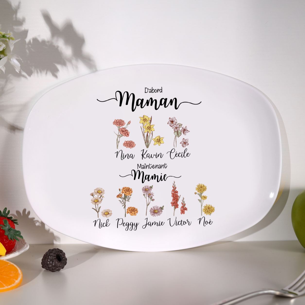 Assiette Ovale Personnalisée Fleurs de Naissance pour Maman/Mamie