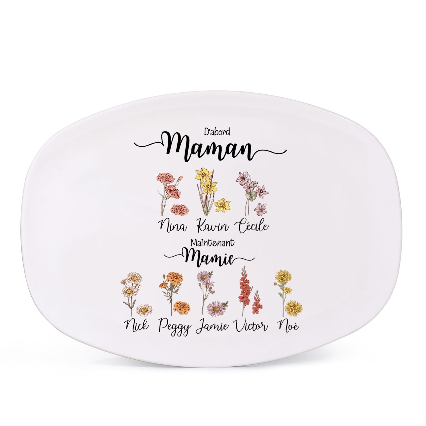 Assiette Ovale Personnalisée Fleurs de Naissance pour Maman/Mamie