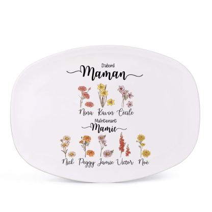 Assiette Ovale Personnalisée Fleurs de Naissance pour Maman/Mamie