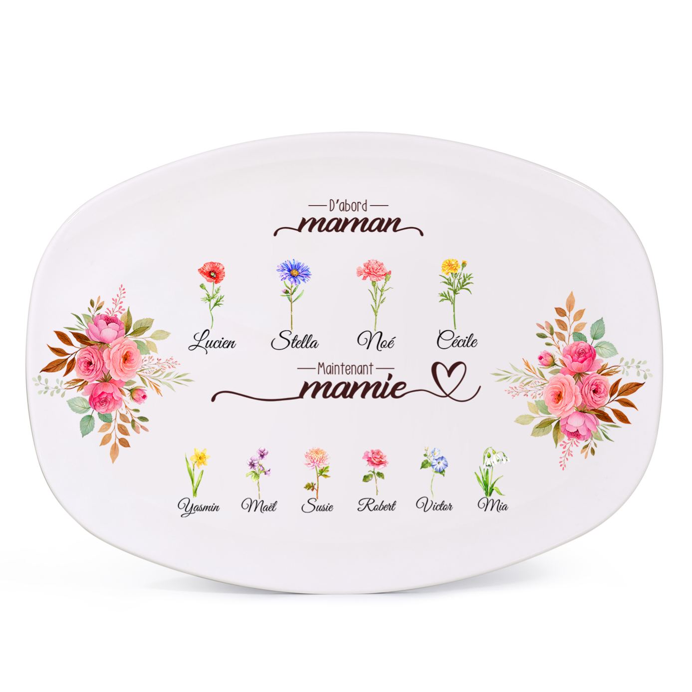 Assiette Ovale  Personnalisée motif fleuri « D'abord maman, maintenant mamie »