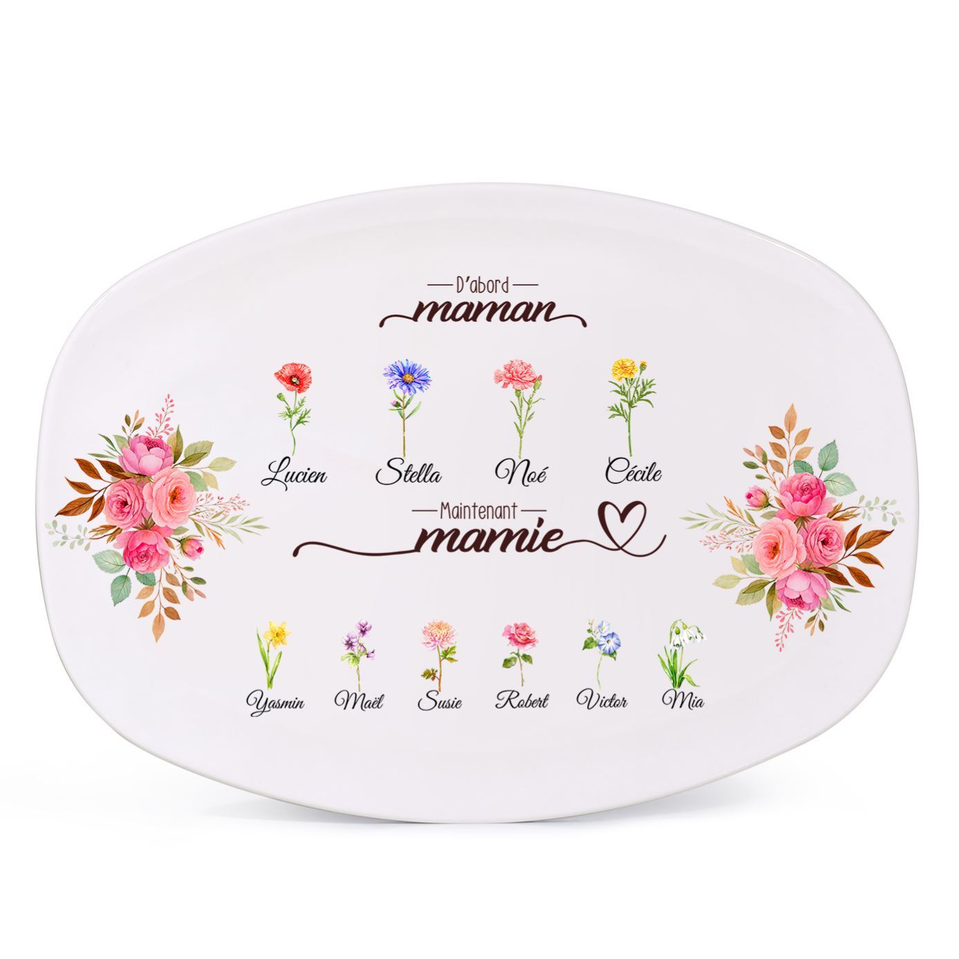 Assiette Ovale  Personnalisée motif fleuri « D'abord maman, maintenant mamie »