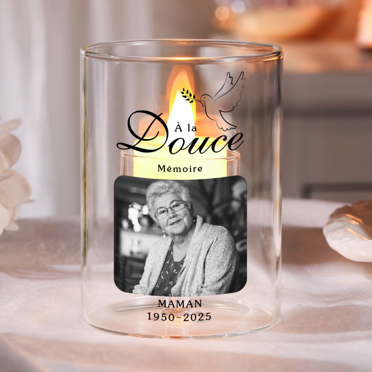 Photophore Souvenir Colombe En Verre – à la douce memoire, Bougeoir sans bougie