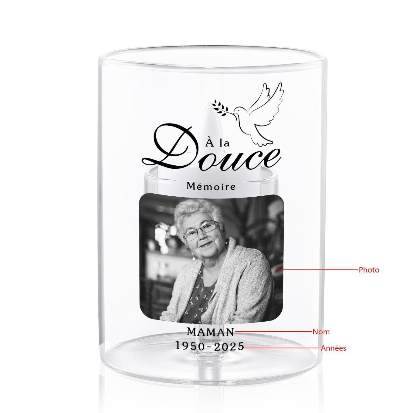 Photophore Souvenir Colombe En Verre – à la douce memoire, Bougeoir sans bougie