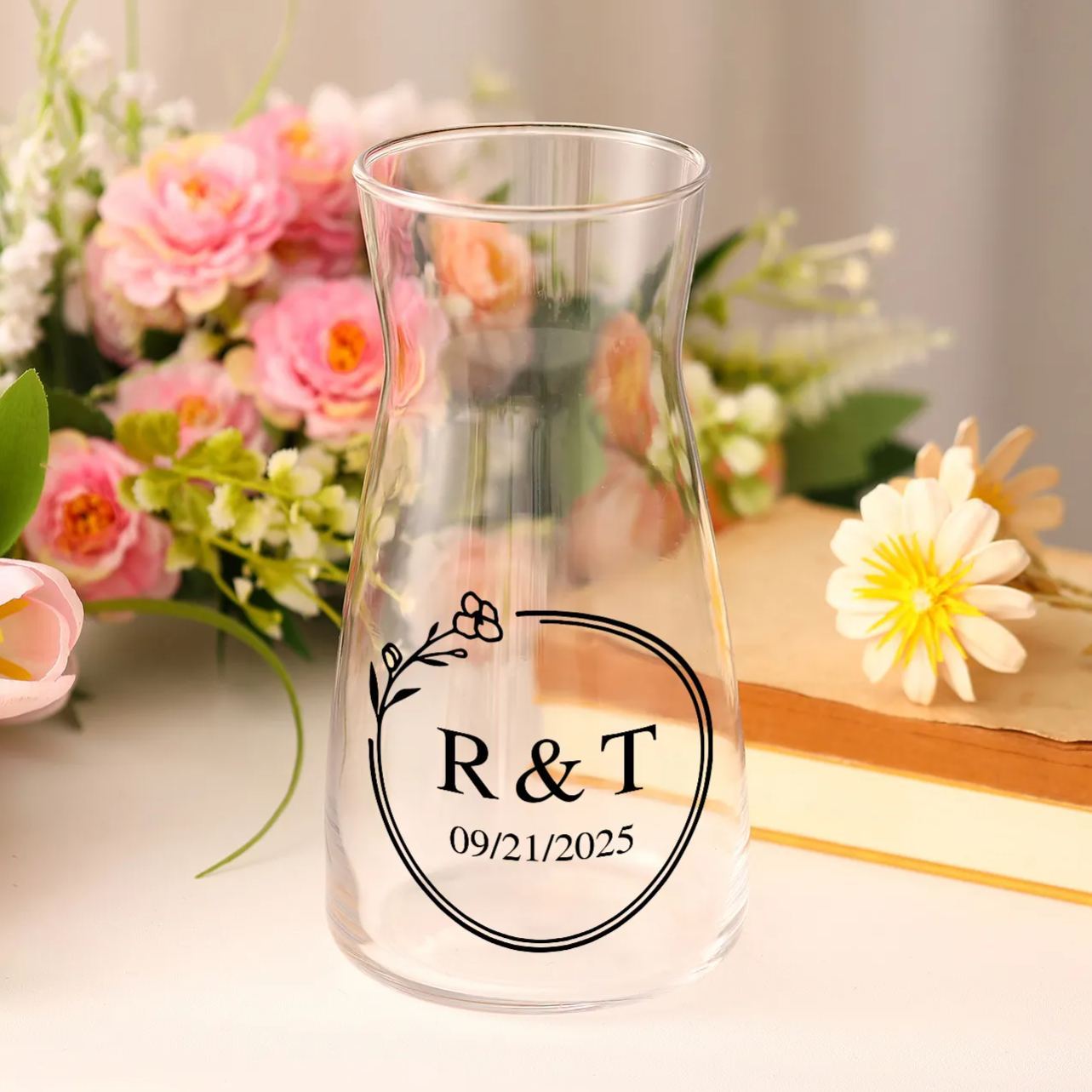 Vase en verre transparent personnalisé – pour Couple, Fiançailles ou Mariage (sans fleurs)