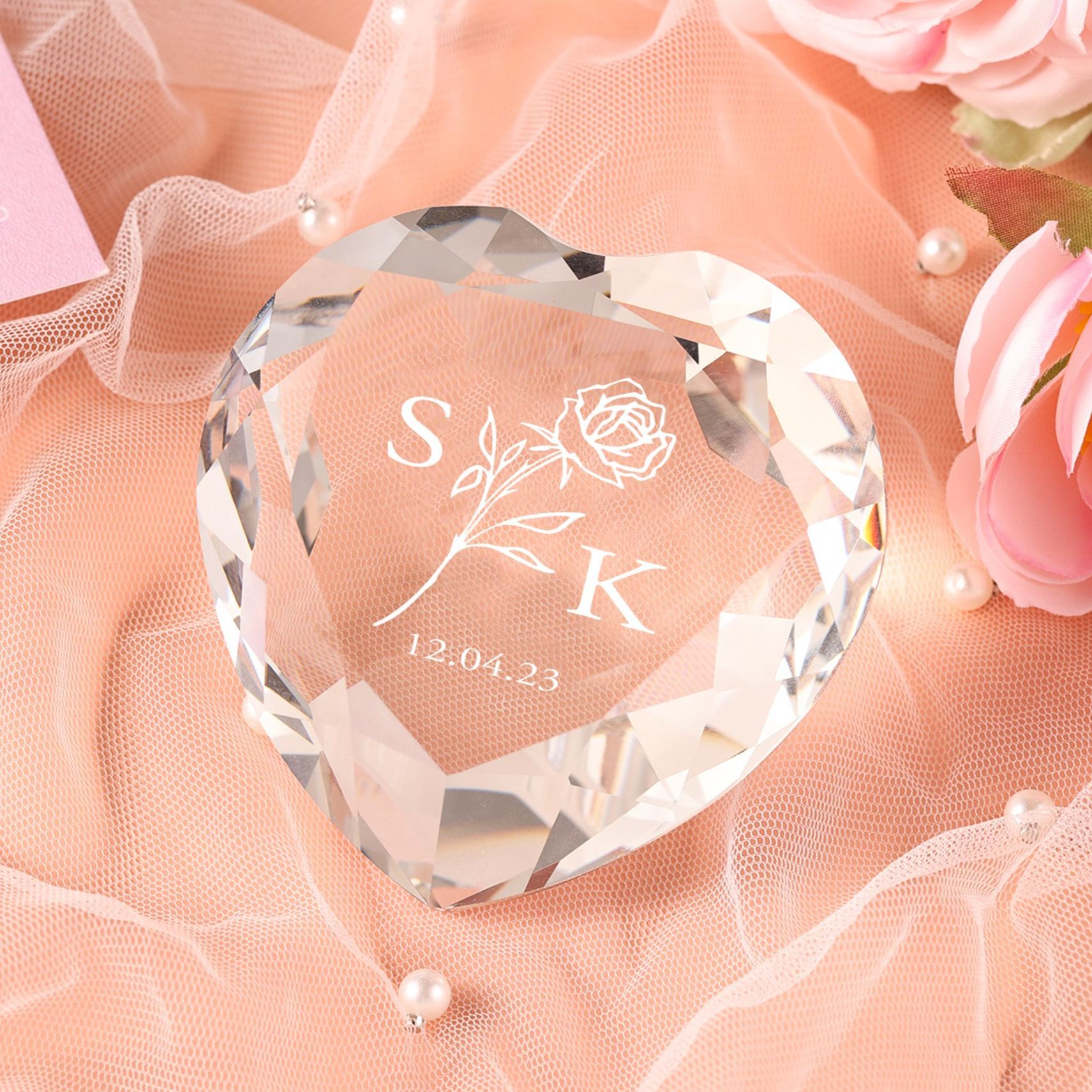 Décoration Cristal Cœur 2 Lettres Personnalisées avec Date pour Couple
