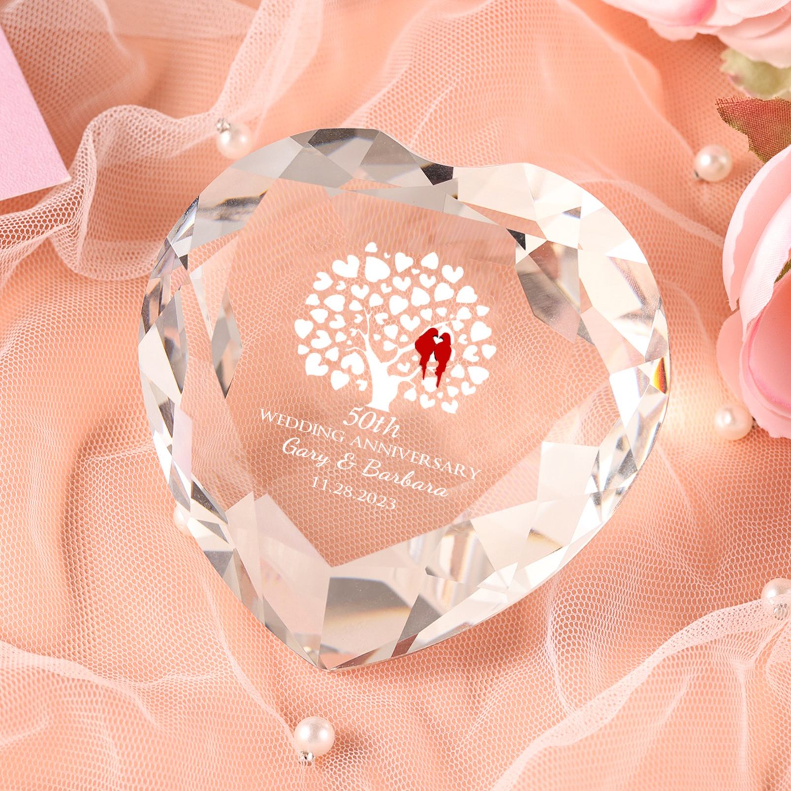 Décoration Cristal Cœur 2 Prénoms Personnalisés avec Texte et Date pour Couple