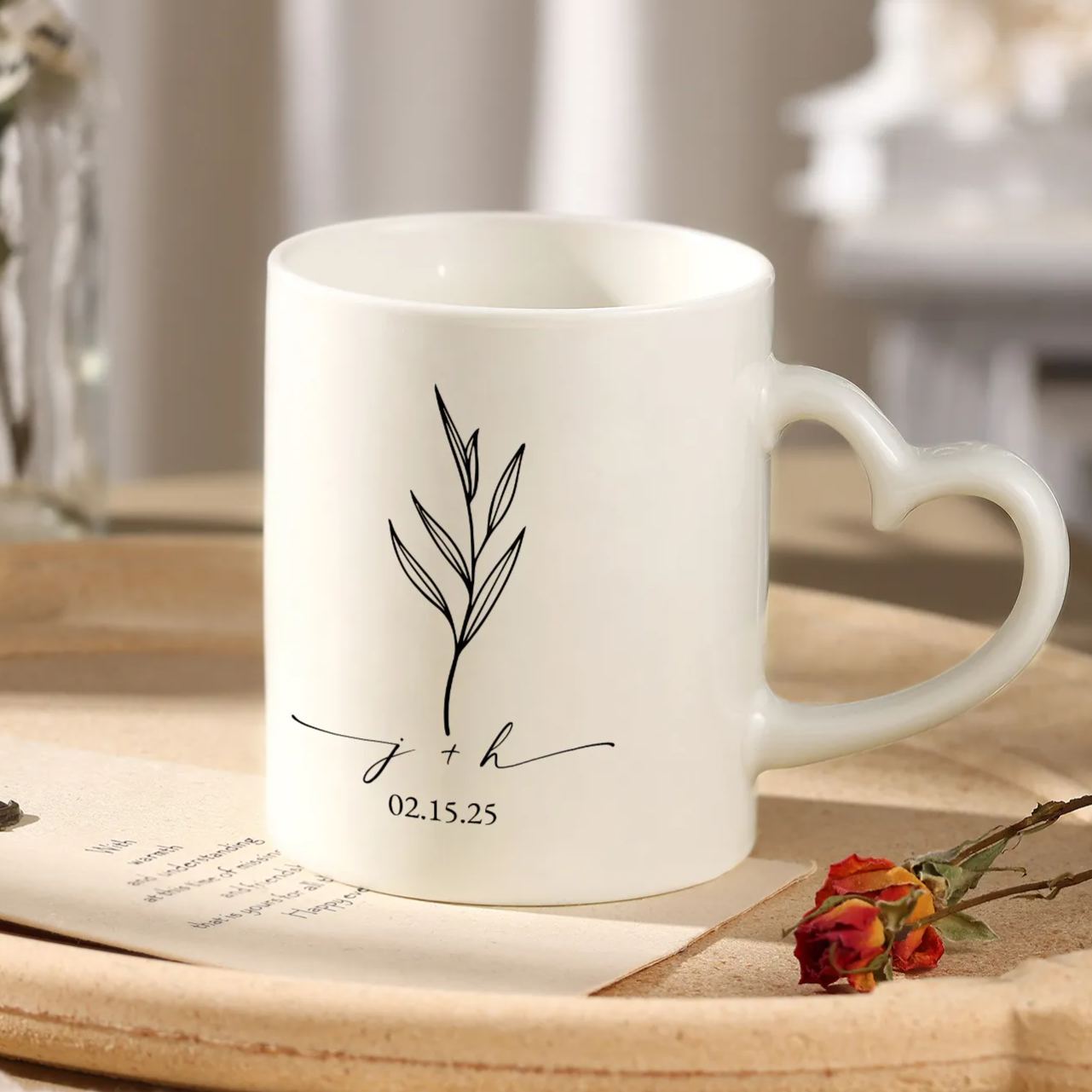 Mug en Céramique Personnalisable à Anse en Forme de Cœur pour Couple/Anniversaire