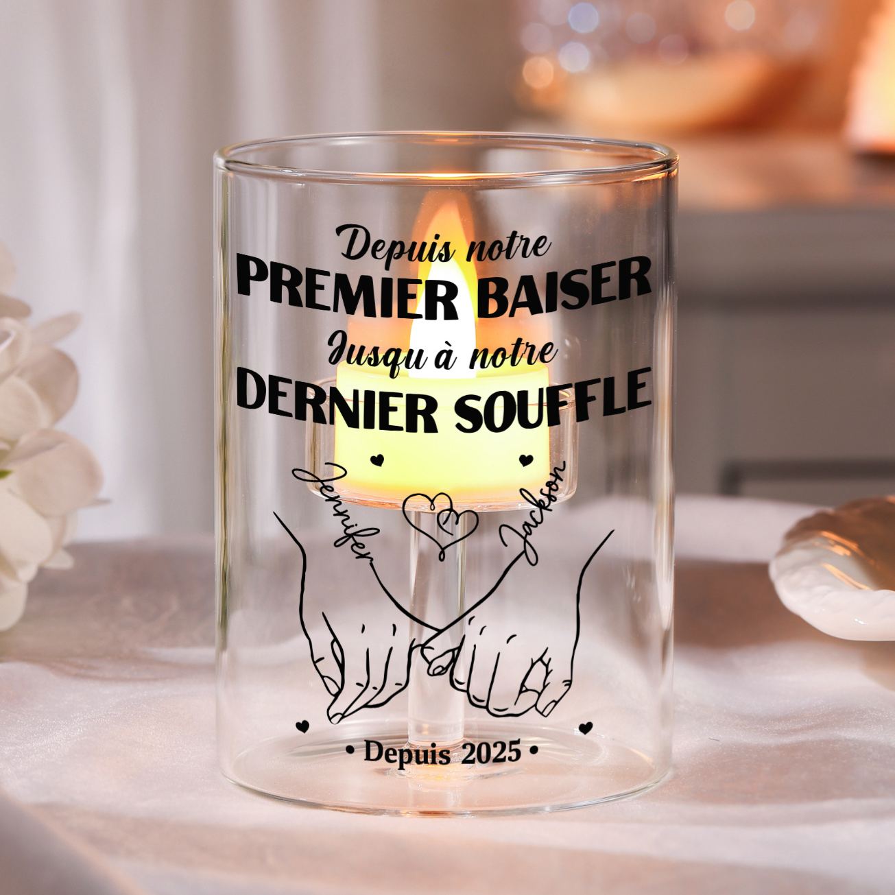 Bougeoir en Verre personnalisé sans bougoie - Depuis notre premier baiser jusqu‘'à notre dernier souffle