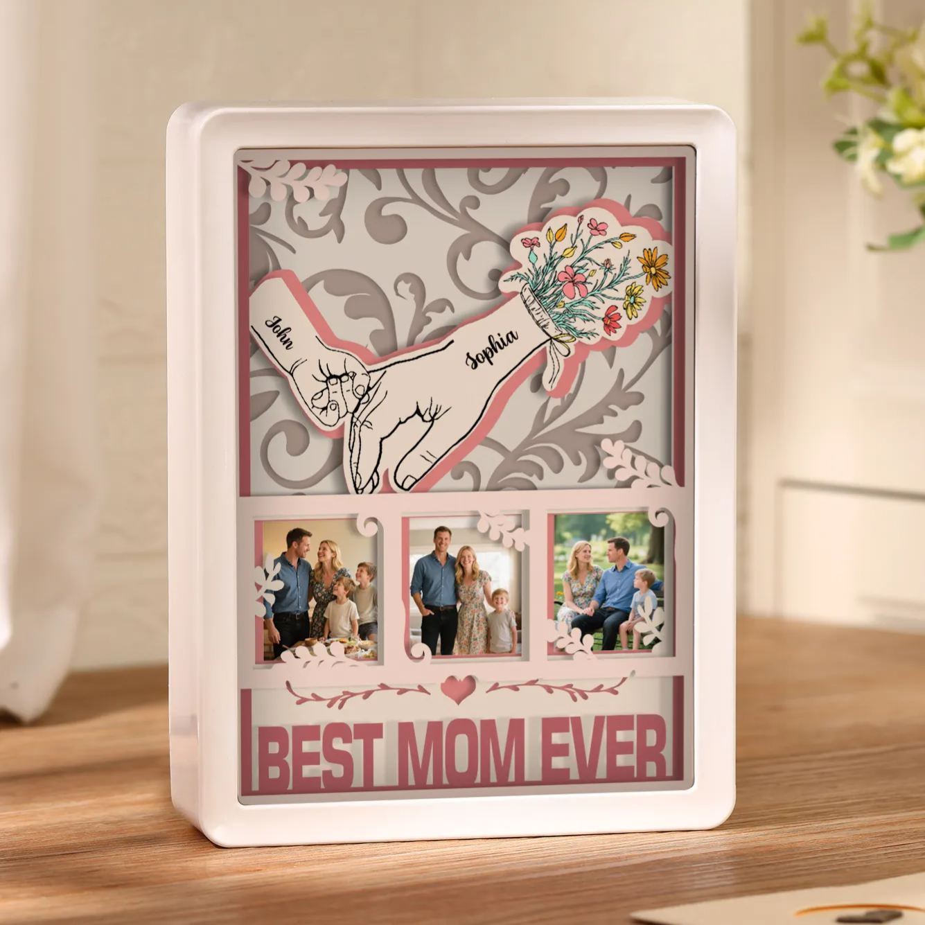 Cadre lumineux 3D en papier découpé « Main dans la main » – personnalisé avec prénoms, photos et texte