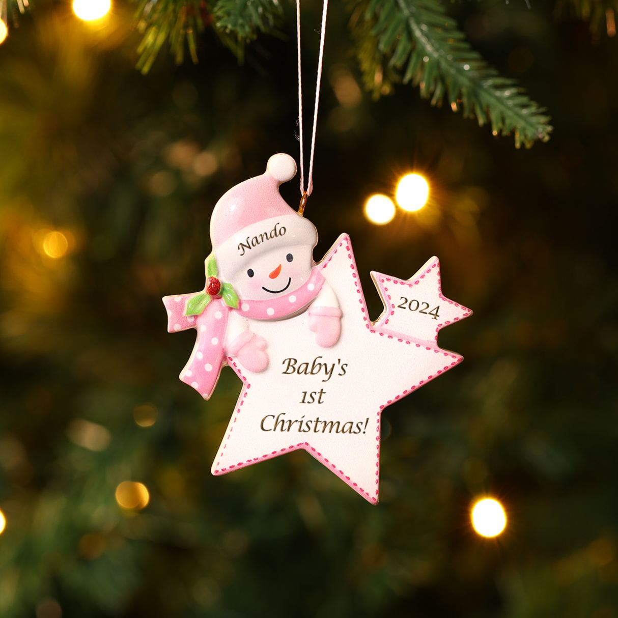 Décoration Sapin Noël en forme d’étoile Personnalisée avec motif de Bonhomme de Neige – Premier Noël de bébé, Ornement de sapin