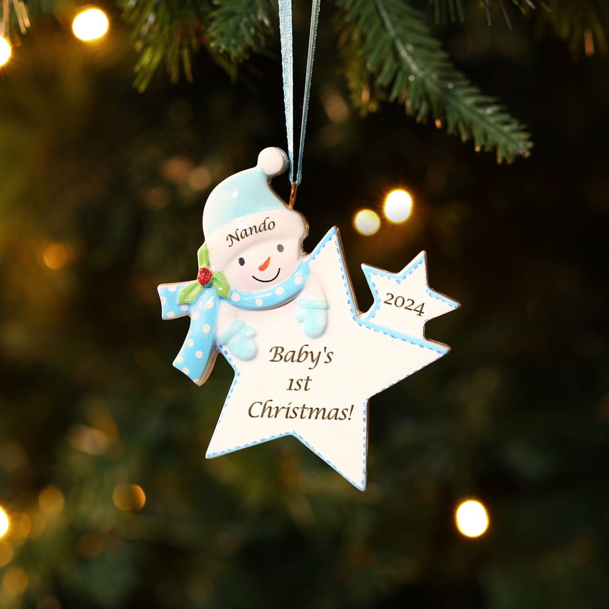 Décoration Sapin Noël en forme d’étoile Personnalisée avec motif de Bonhomme de Neige – Premier Noël de bébé, Ornement de sapin
