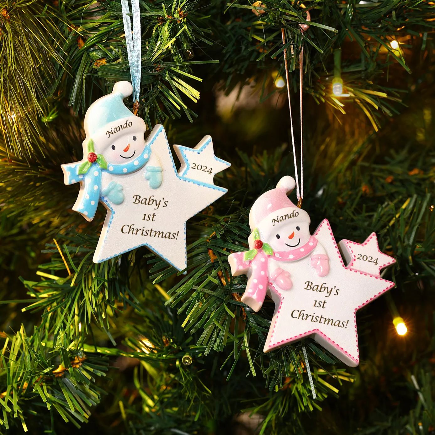 Décoration Sapin Noël en forme d’étoile Personnalisée avec motif de Bonhomme de Neige – Premier Noël de bébé, Ornement de sapin