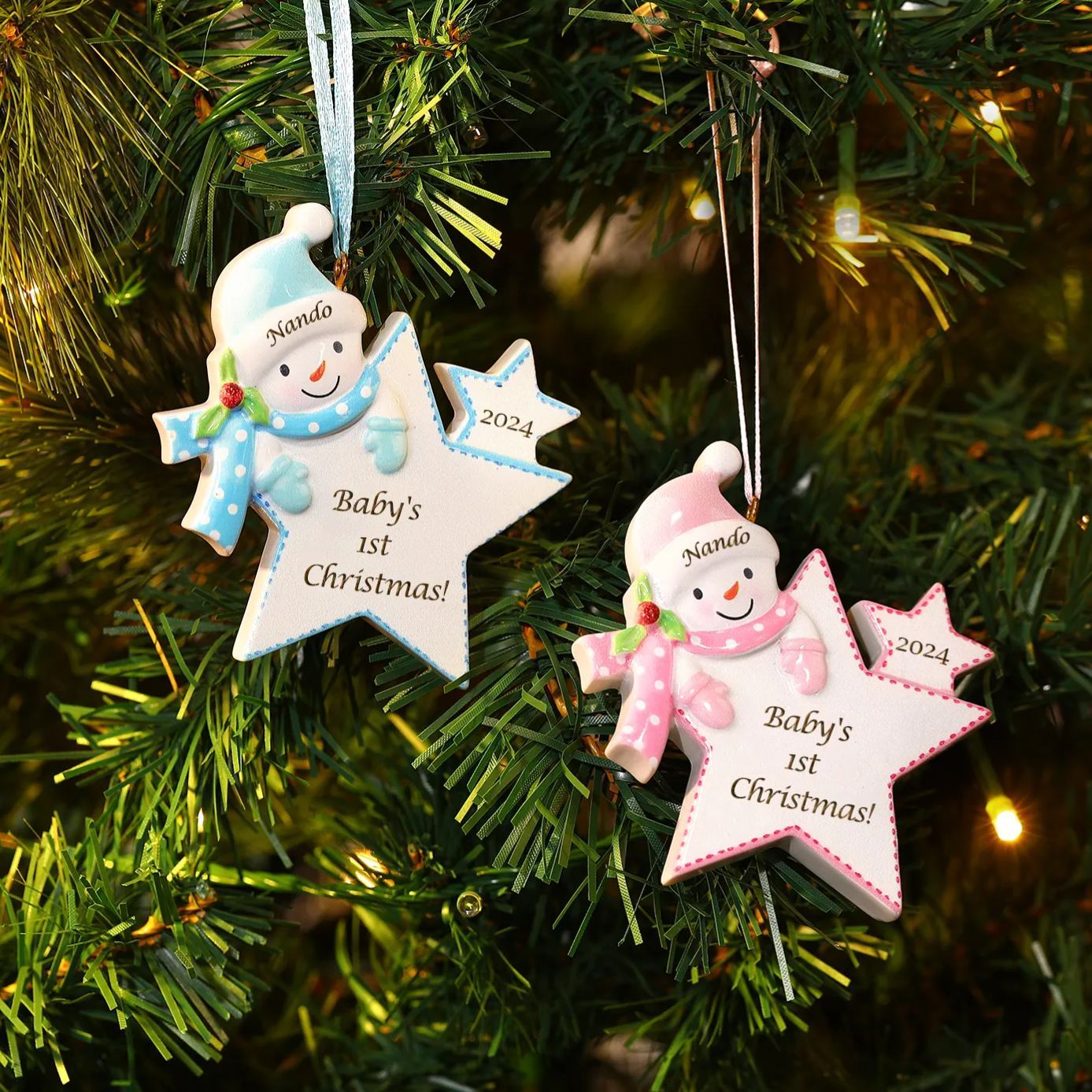 Décoration Sapin Noël en forme d’étoile Personnalisée avec motif de Bonhomme de Neige – Premier Noël de bébé, Ornement de sapin