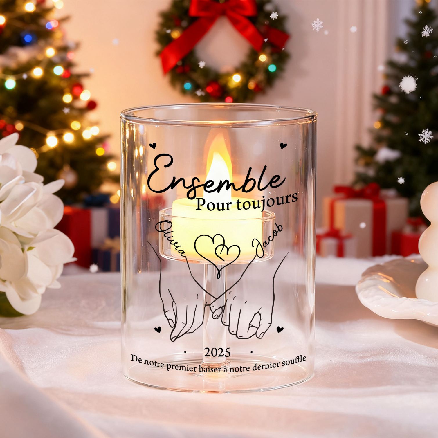 Bougeoir en verre personnalisé – Photophore Couple main dans la main