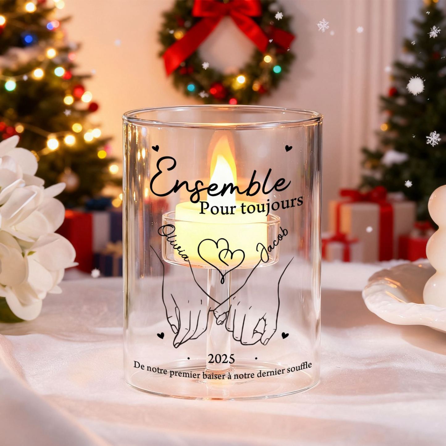 Bougeoir en verre personnalisé – Photophore Couple main dans la main