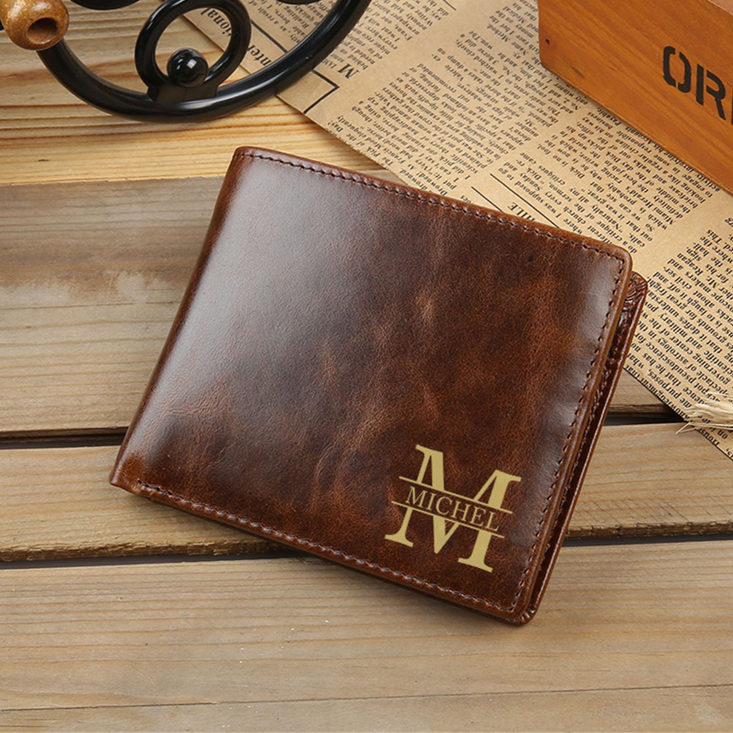 Portefeuille pour homme personnalisé en cuir véritable, à double pli