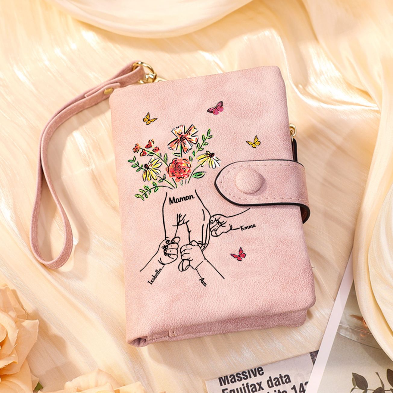 Portefeuille Personnalisé avec des fleurs et un motif main dans la main, ainsi que 3 à 6 prénoms – pour Maman/Mamie