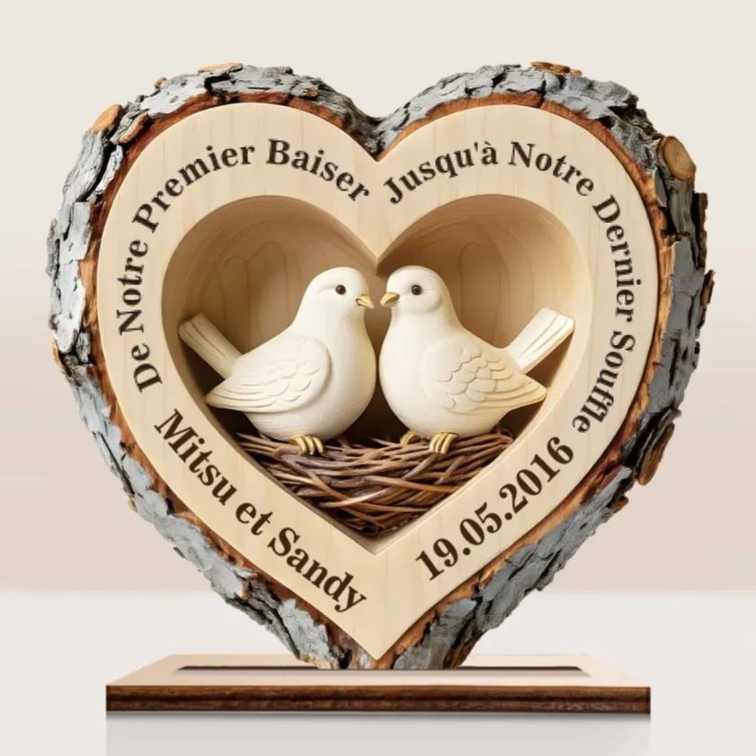 Plaque en Bois Personnalisé avec oiseaux Cœur de forêt avec Base Stable pour Couple