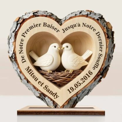 Plaque en Bois Personnalisé avec oiseaux Cœur de forêt avec Base Stable pour Couple