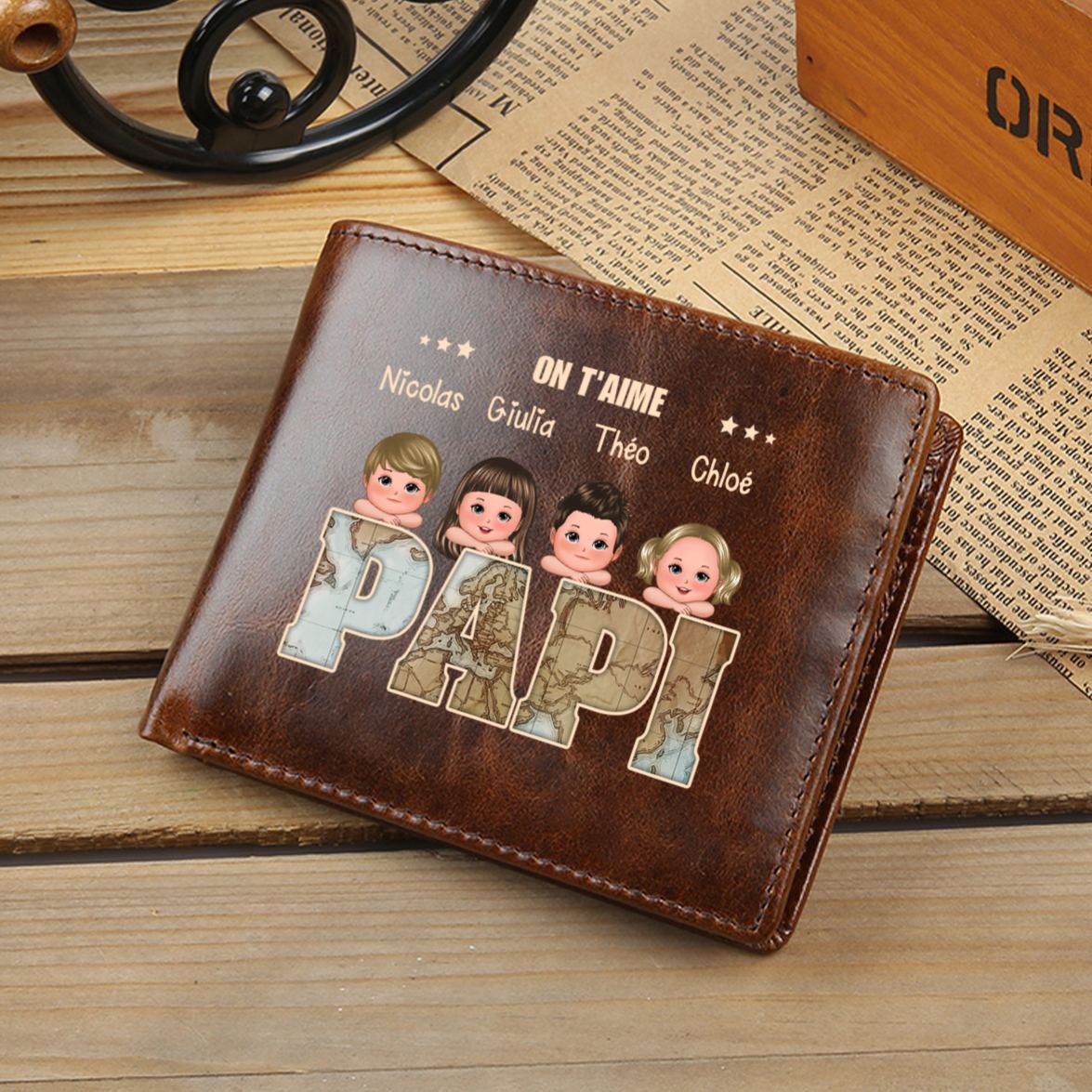 Portefeuille personnalisé en cuir véritable, style vintage, cadeau pour Papa/Papi