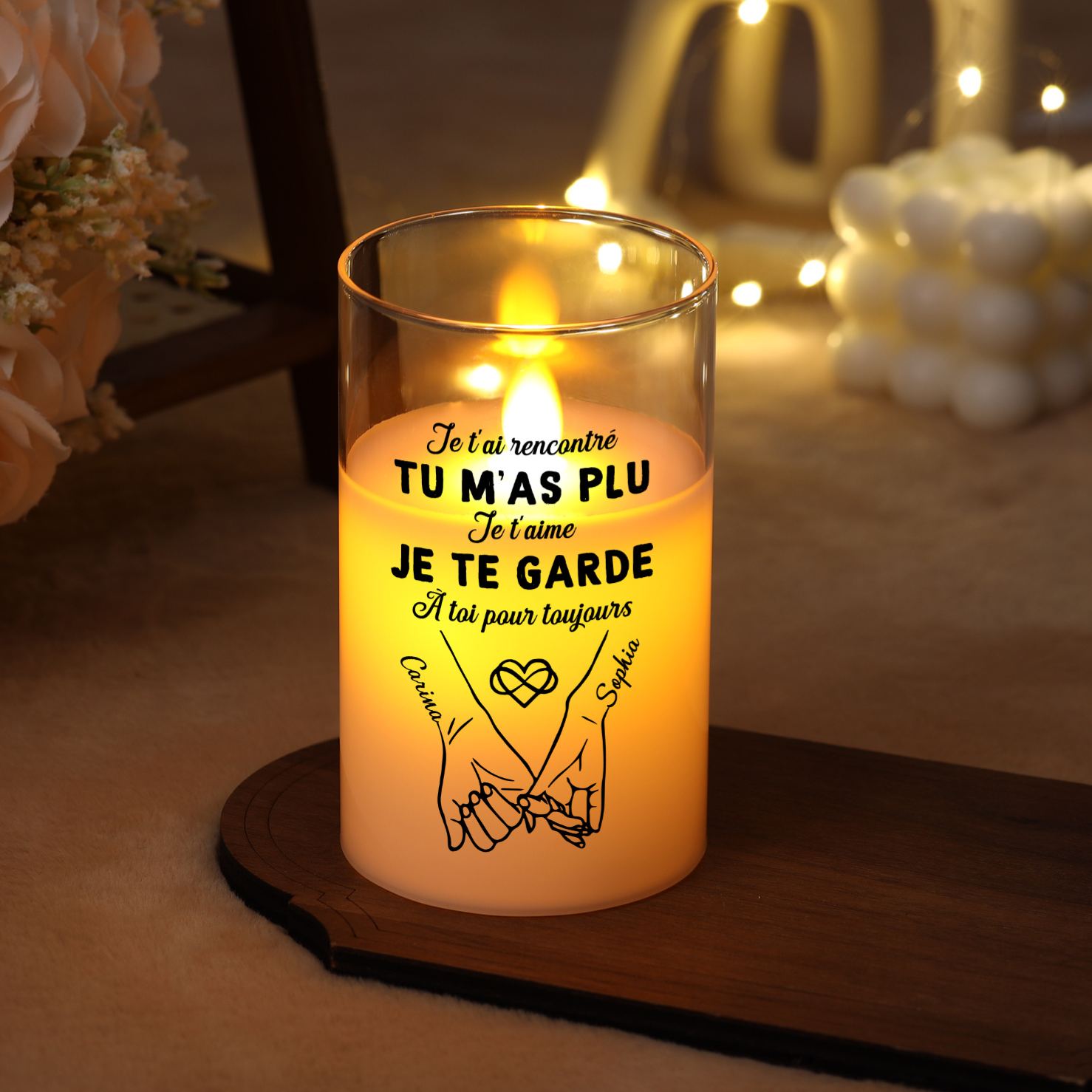 Bougie LED Personnalisée avec Prénoms en Verre – Cadeau Romantique pour Couple