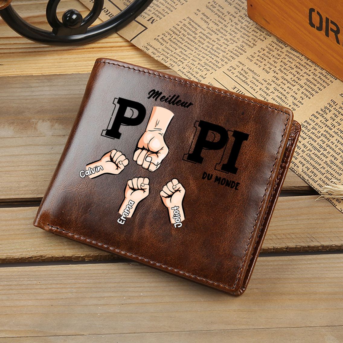 Portefeuille Personnalisé en Cuir Véritable avec Prénoms – Meilleur Papi/Papa du Monde