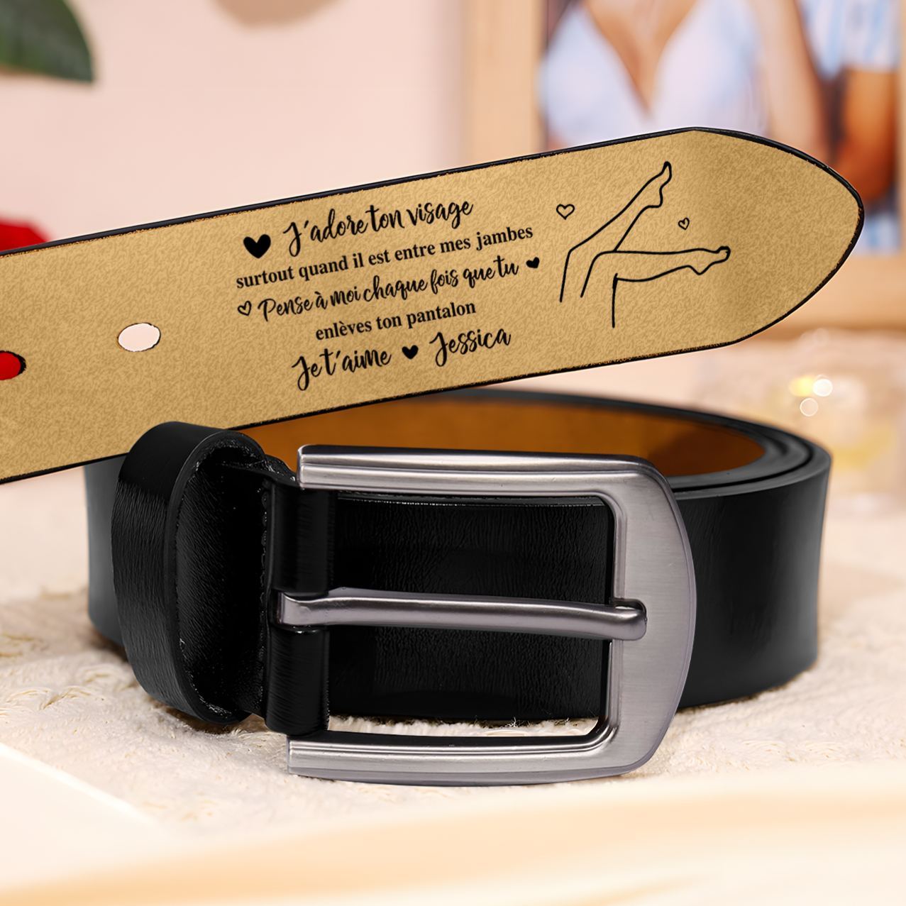 Ceinture en Cuir 1 Prénom Personnalisé avec Texte "J’adore ton visage, surtout quand il est entre mes jambes" Cadeau pour Homme | Jessemade