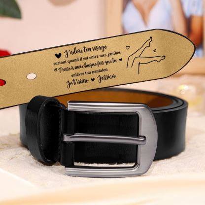 Ceinture en Cuir 1 Prénom Personnalisé avec Texte "J’adore ton visage, surtout quand il est entre mes jambes" Cadeau pour Homme | Jessemade