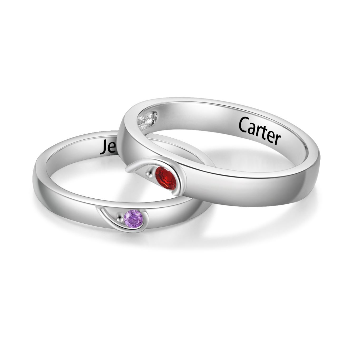 Bague partenaire en forme de cœur avec 2 pierres de naissance, gravée avec 2 prénoms