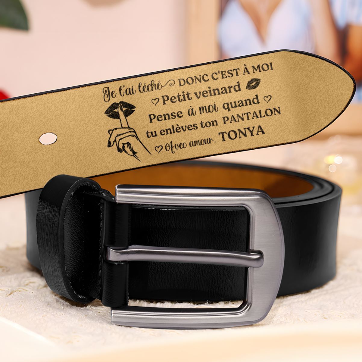 Ceinture en Cuir pour Homme Personnalisée – Message Amour & Humour, Cadeau Original pour Couple
