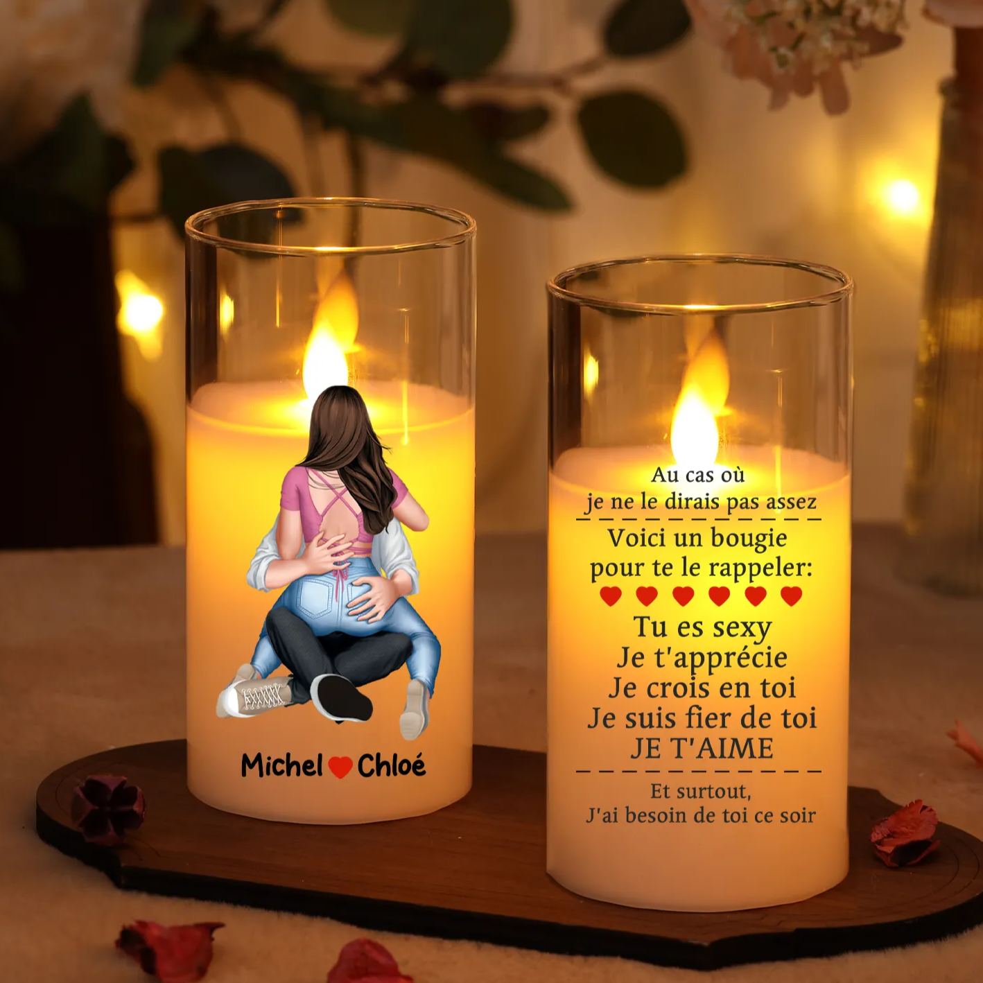 Bougie LED Personnalisée en Verre avec Prénoms – Cadeau romantique pour Couple