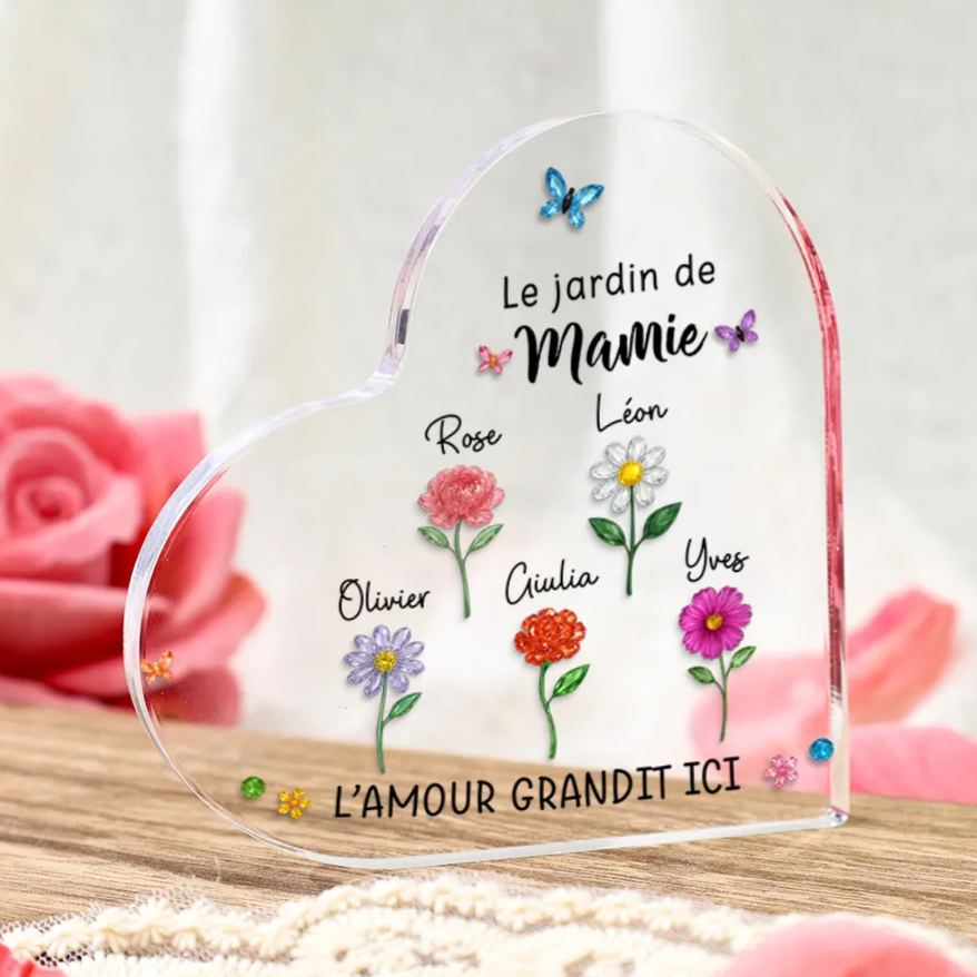 Plaque Acrylique Personnalisée Famille – Le Jardin de Maman ou Mamie avec Fleurs de Naissance et Prénoms des Enfants