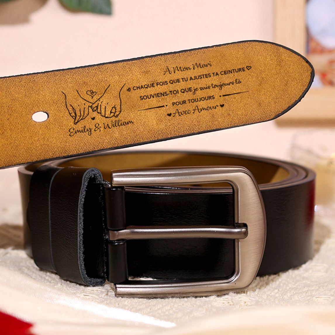 Ceinture en Cuir Personnalisée pour Mari – Un message d’amour gravé à l'intérieur