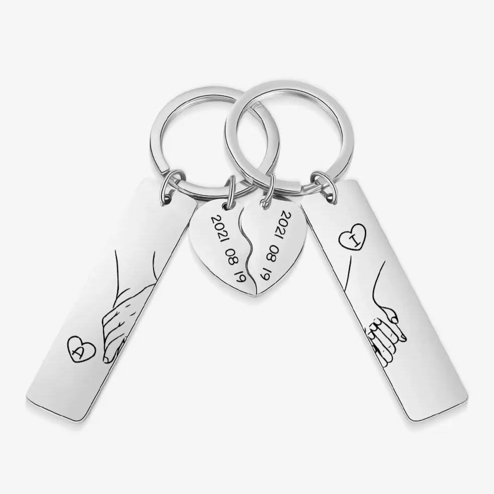 Porte-Clés la main dans la main 2 Lettres Personnalisées avec Date