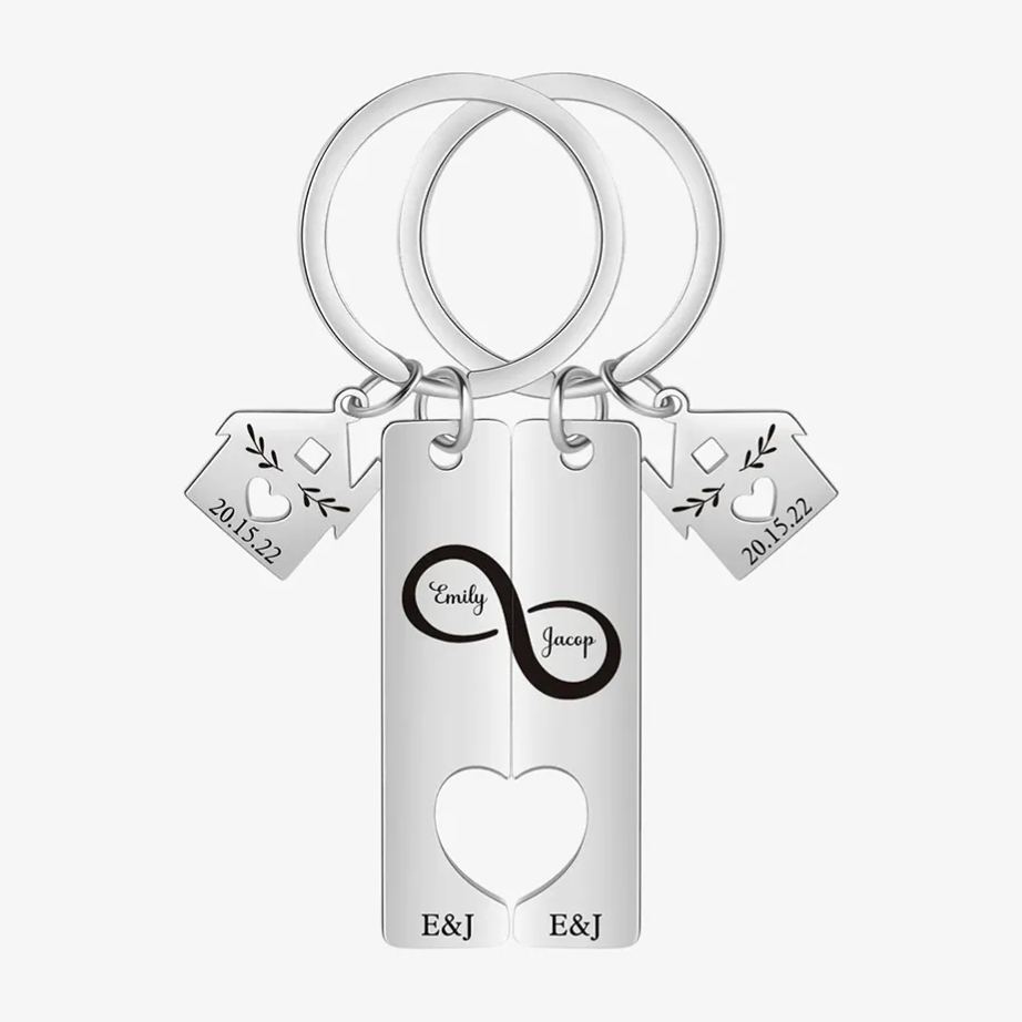 Porte-Clés Infini 2 Prénoms et 2 Lettres Personnalisés avec 2 Dates pour Couple