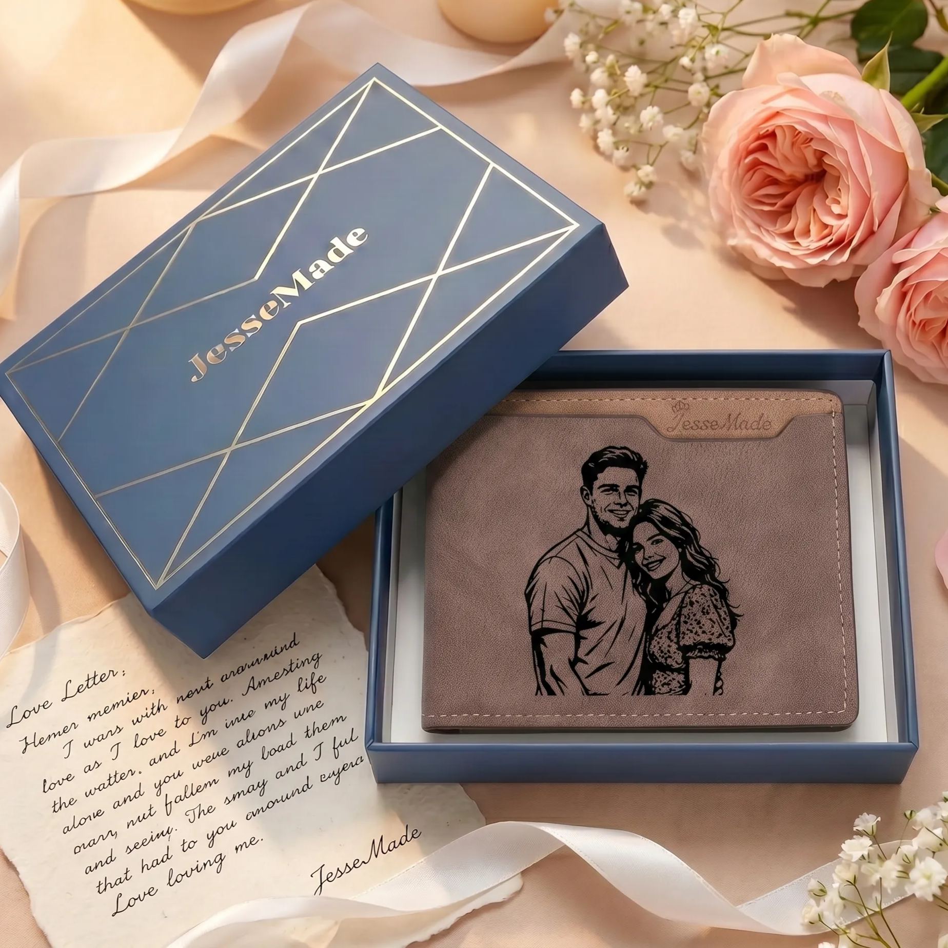 Portefeuille 1 Prénom Personnalisé avec Photo et Lettre Classique Homme Porte-Monnaie Carte Brun | Jessemade
