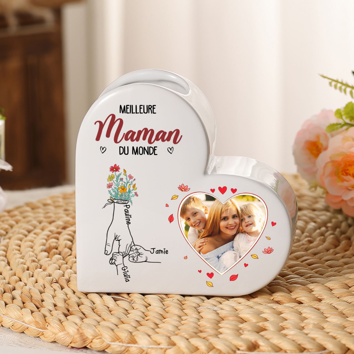 Vase cœur en céramique « Meilleure Maman/Mamie du monde » Personnalisé avec 1-6 Prénoms et 1 Photo