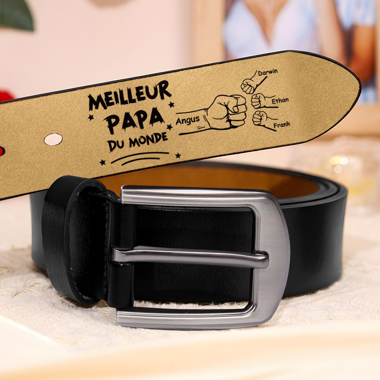 À mon Papa - Ceinture Poing en Cuir Personnalisé avec 2-6 Prénoms Meilleur Papa du Monde Cadeau pour Homme | Cadeau Fête des Pères | Jessemade