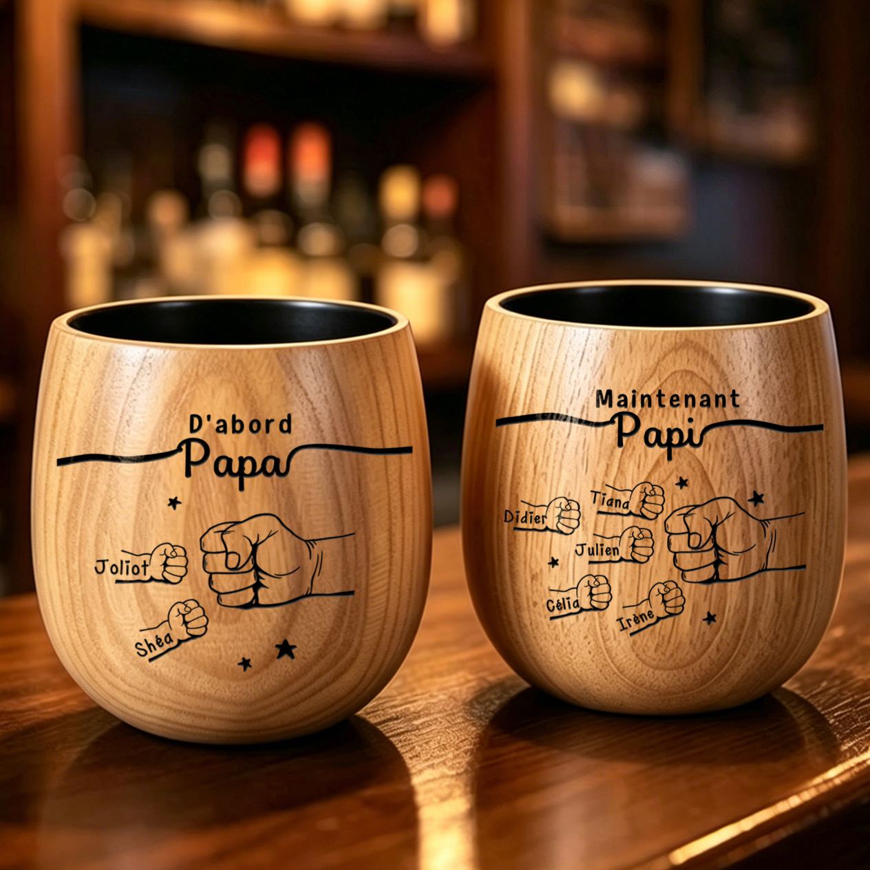 Verre à whisky Personnalisé en Bois pour Papa/Papi avec 2-12 Prénoms et Poing