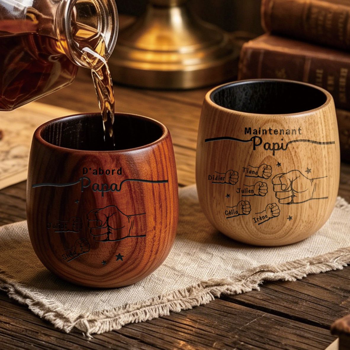 Verre à whisky Personnalisé en Bois pour Papa/Papi avec 2-12 Prénoms et Poing