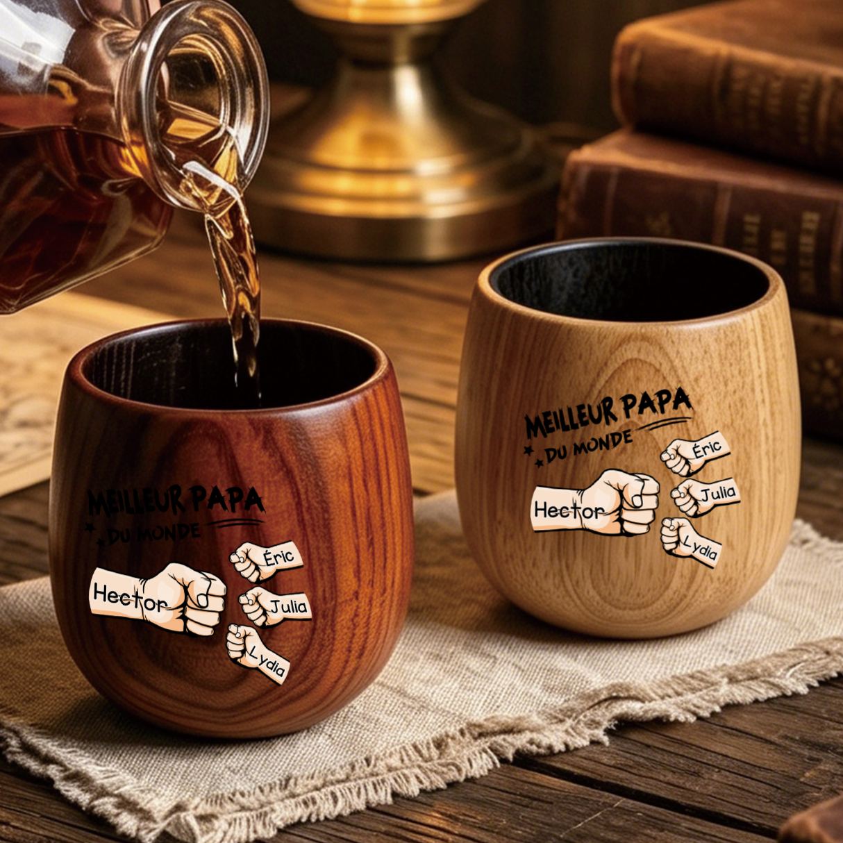 Verre à whisky Personnalisée en Bois avec 2 à 7 Poings et Prénoms pour Papa/Papi
