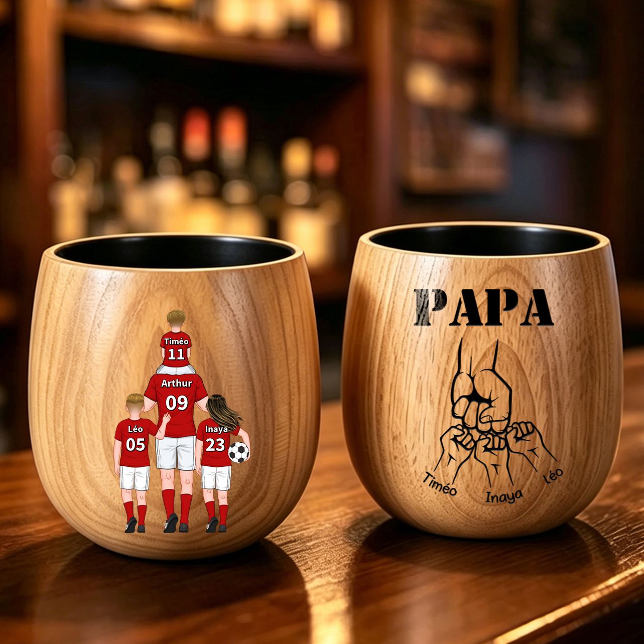 Verre à whisky en bois Personnalisé pour Papa – 1 à 5 Prénoms d‘enfants, Famille de Football