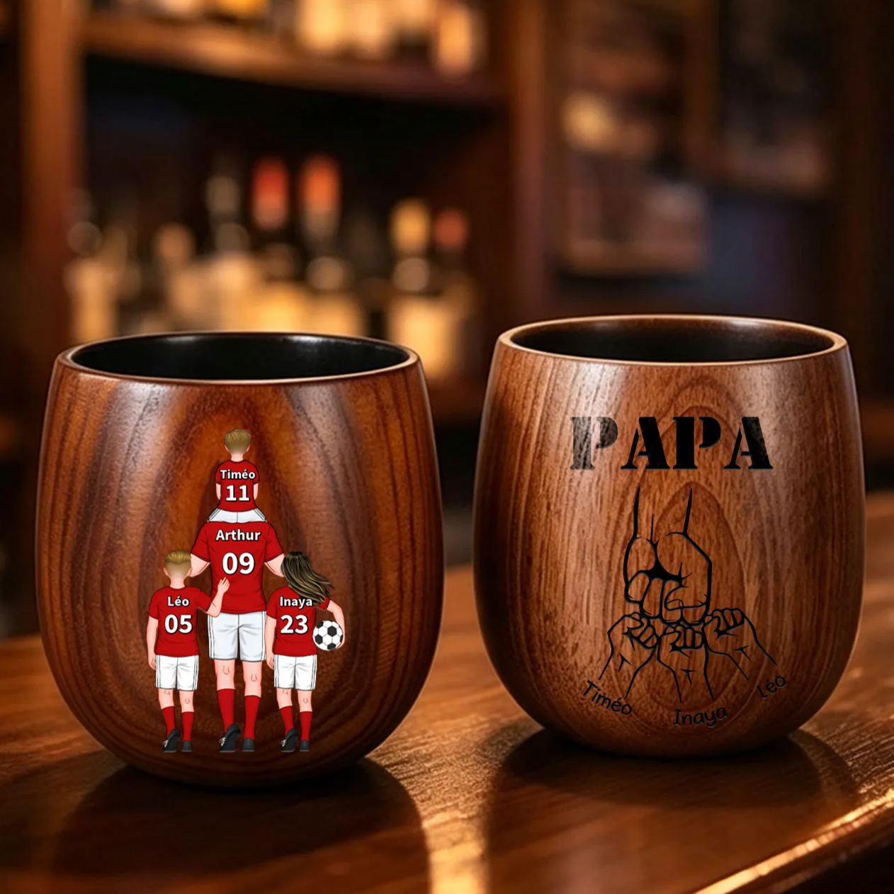 Verre à whisky en bois Personnalisé pour Papa – 1 à 5 Prénoms d‘enfants, Famille de Football