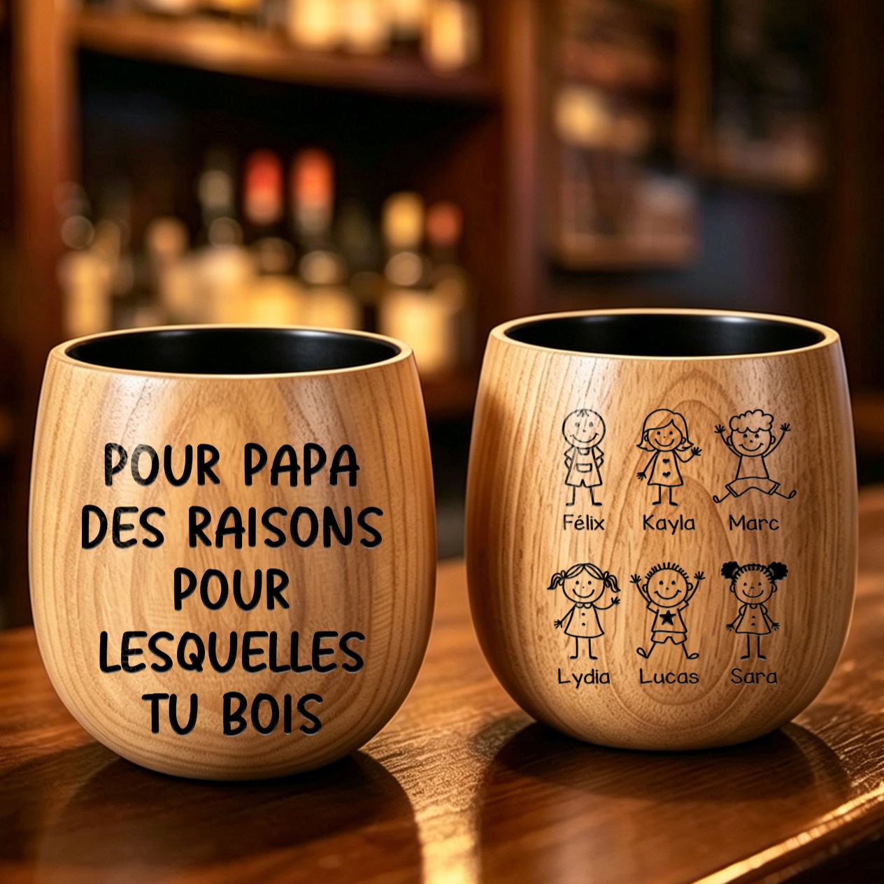Verre à whisky en bois personnalisé gravé, personnalisable avec les prénoms de 1 à 8 enfants