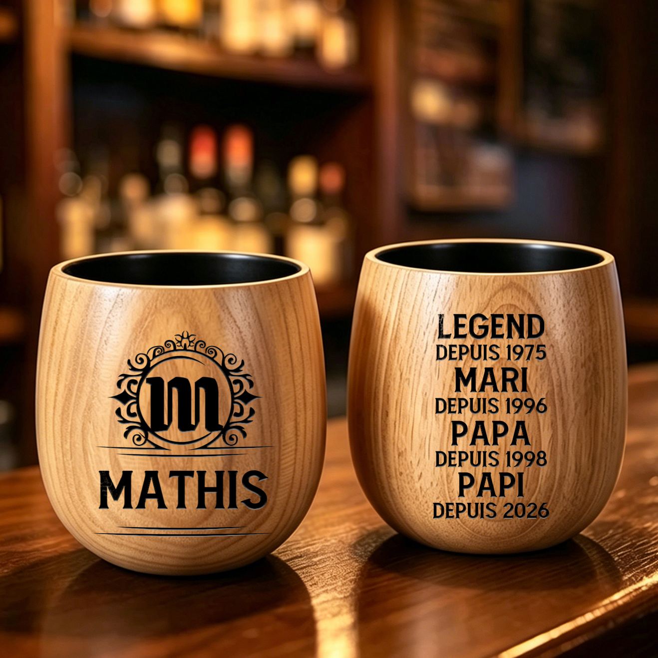Verre à Whisky en Bois Personnalisé pour Papa ou Papi, Gravé avec Prénom et Lettre
