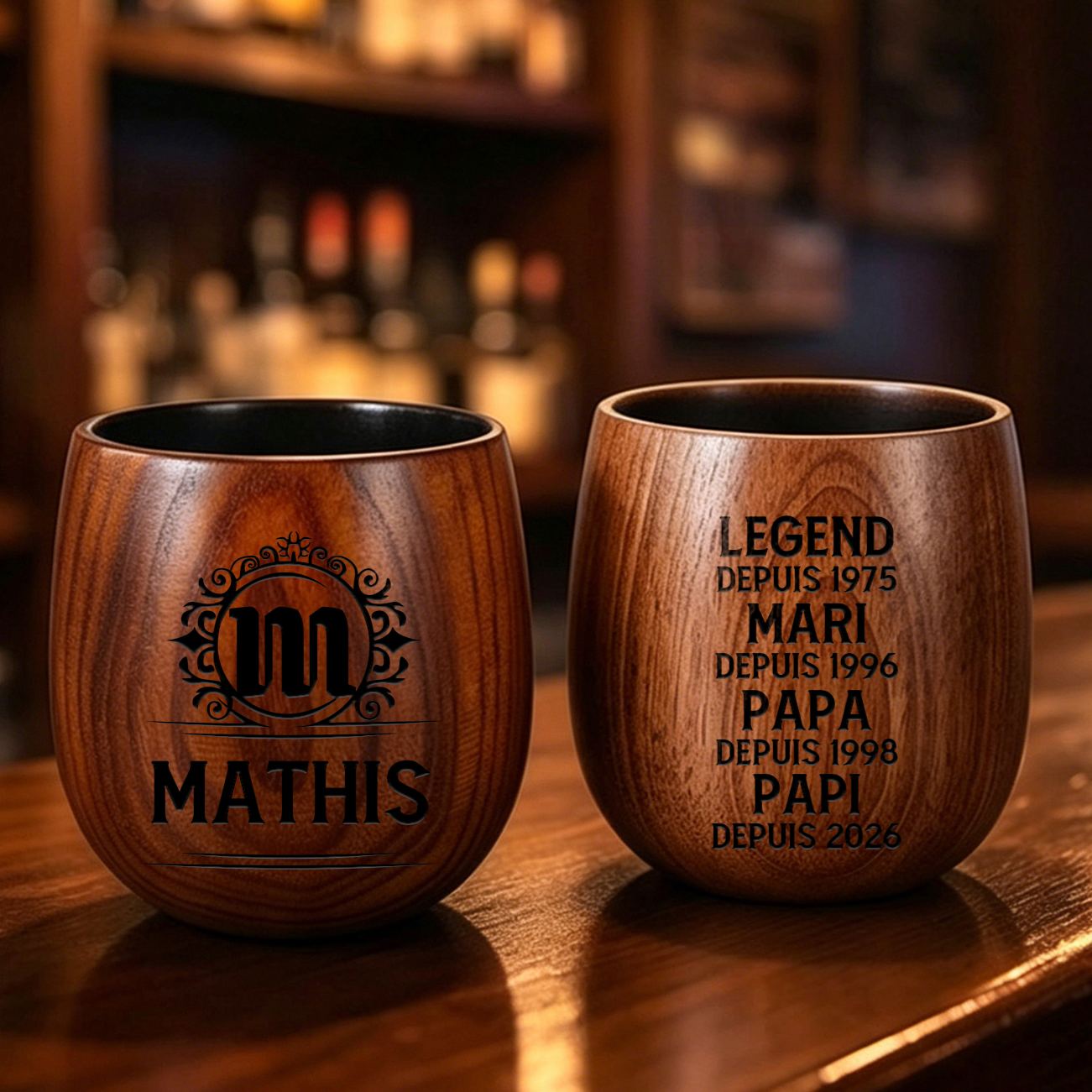 Verre à Whisky en Bois Personnalisé pour Papa ou Papi, Gravé avec Prénom et Lettre